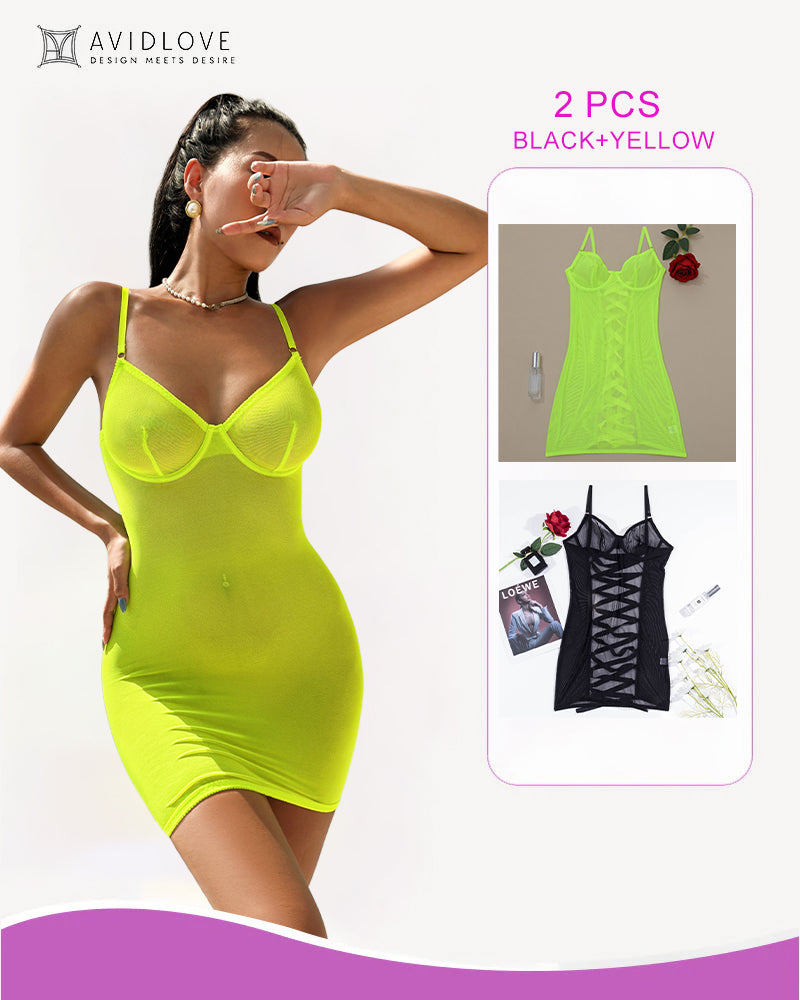 Neon yellow lace-up backless mini dress with black and yellow lace-up mini dress inset