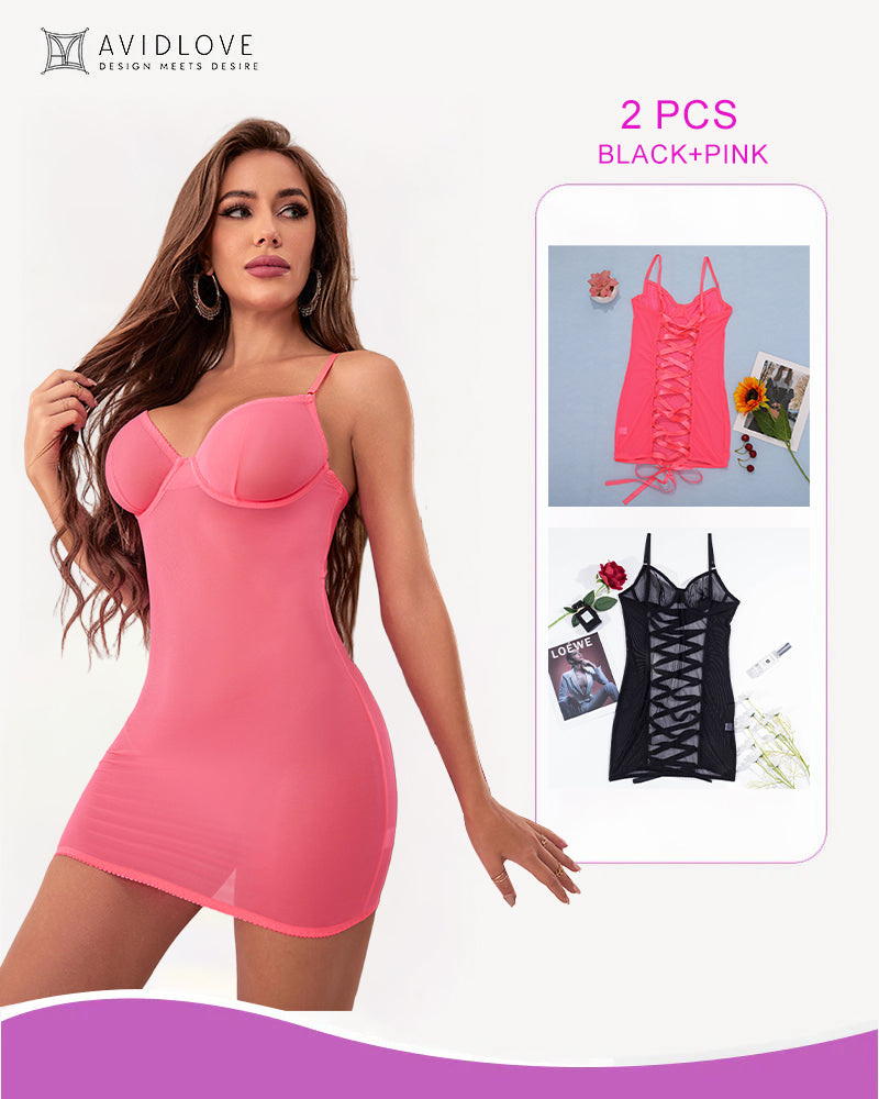 Pink lace-up mesh mini dress with underwire cups and spaghetti straps