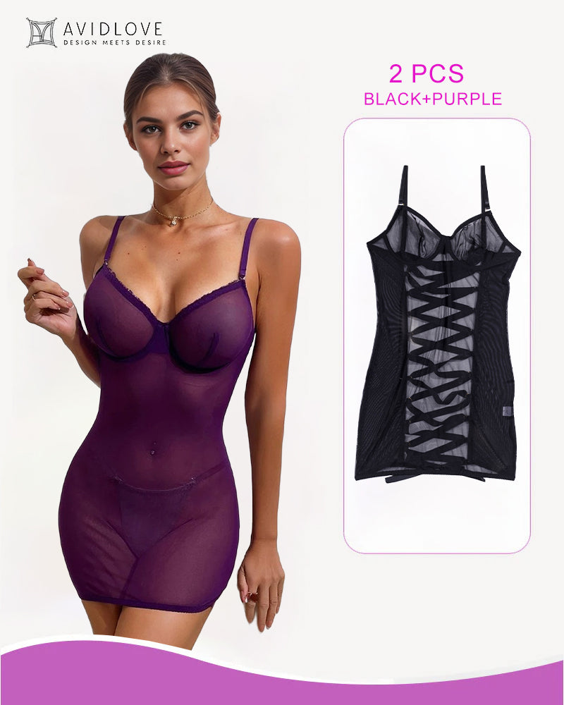 Purple lace-up mesh mini dress with underwire cups and spaghetti straps