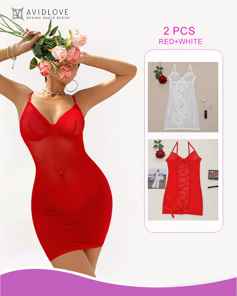 Red lace-up mesh mini dress with underwire cups and spaghetti straps