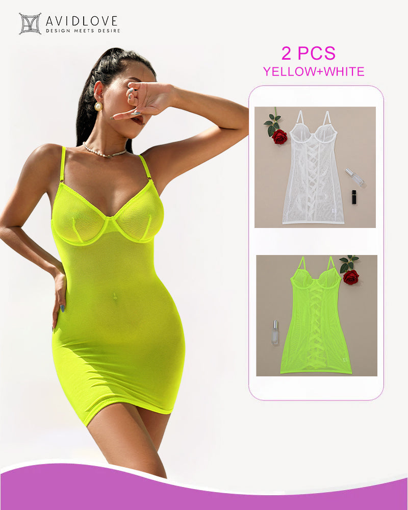 Yellow lace-up mesh mini dress with underwire cups and spaghetti straps