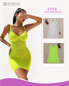 Yellow lace-up mesh mini dress with underwire cups and spaghetti straps