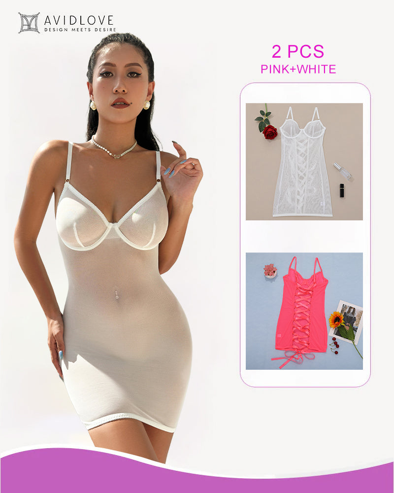 White lace-up mesh mini dress with underwire cups and spaghetti straps