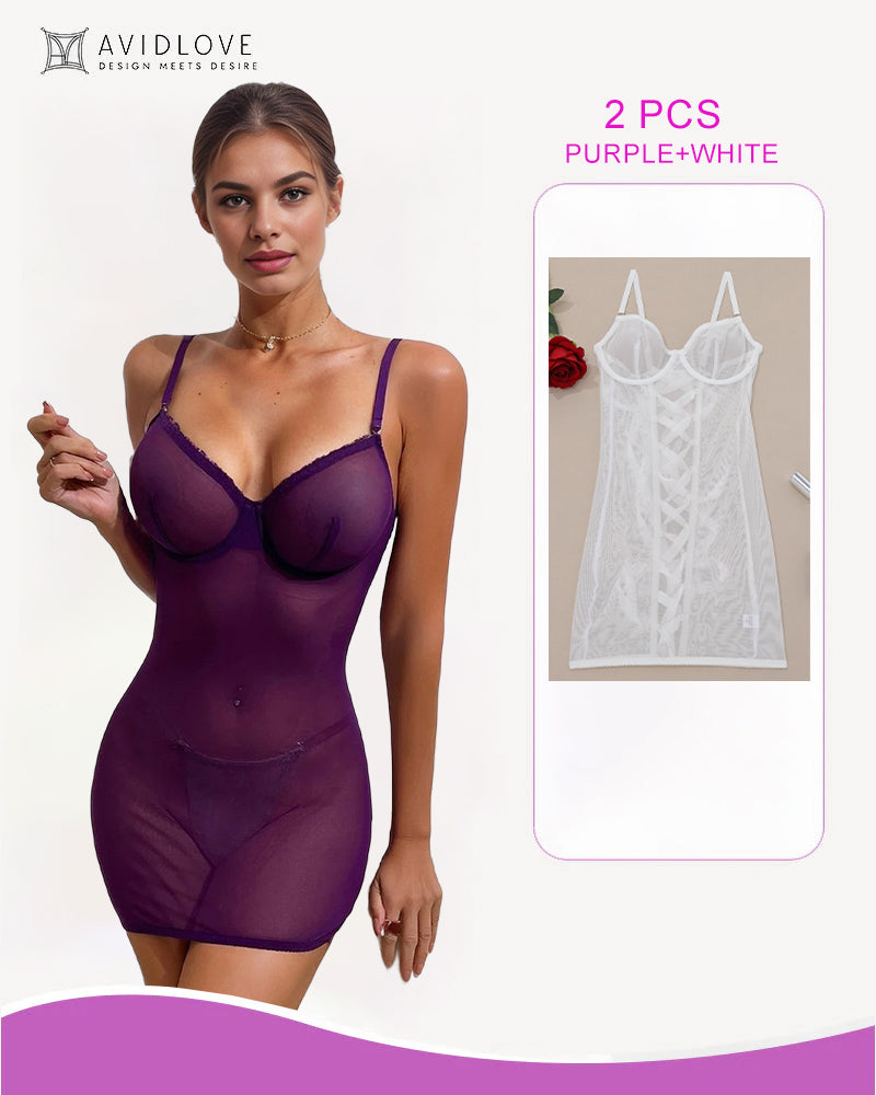 Purple lace-up mesh mini dress with underwire cups and spaghetti straps