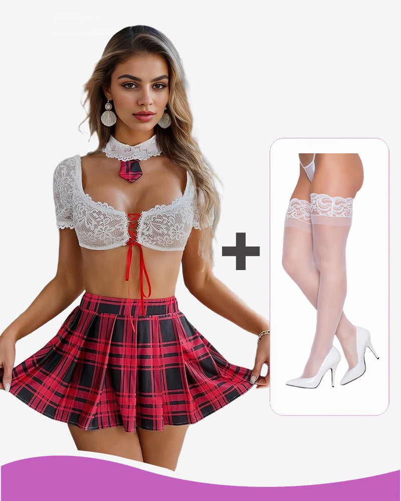 Lingerie set: white lace bra top with red plaid pleated mini skirt