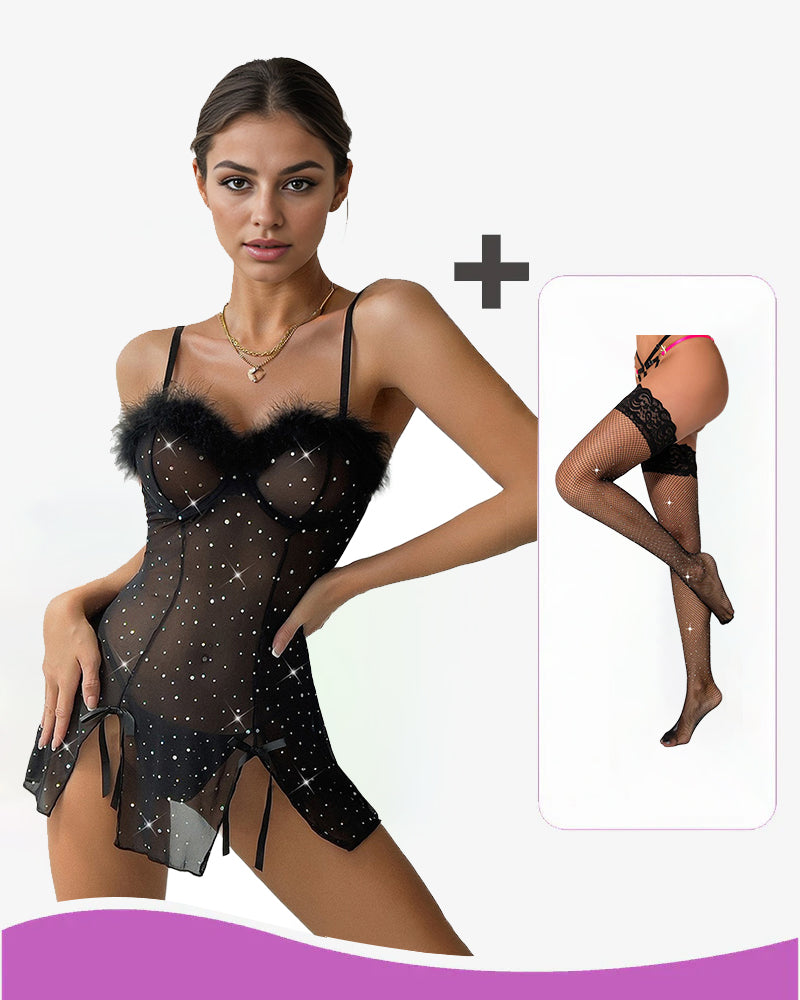 Black see-through elastic slit dress set with matching stockings shown in a side inset
