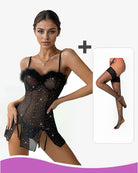 Black see-through elastic slit dress set with matching stockings shown in a side inset