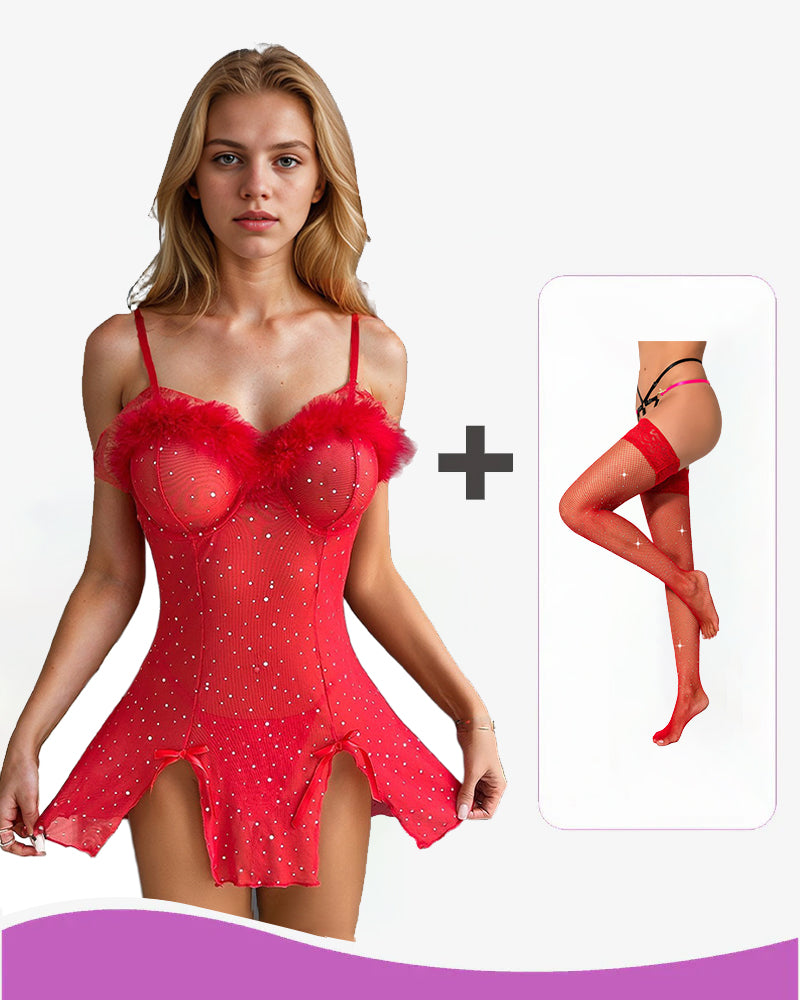 Red see-through slit dress with elastic straps and ruffled trim, plus matching stockings