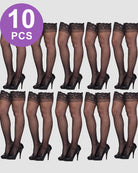 Multiple sheer black knee stockings with patterned lace cuff at top