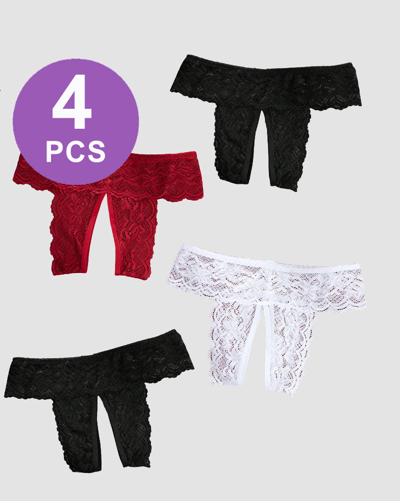 Plus size open crotch lace panties, 2 black, 1 burgundy, 1 white