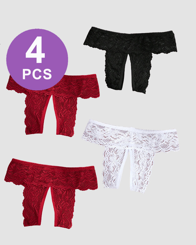 Plus size open crotch lace panties, 2 burgundy, 1 black, 1 white