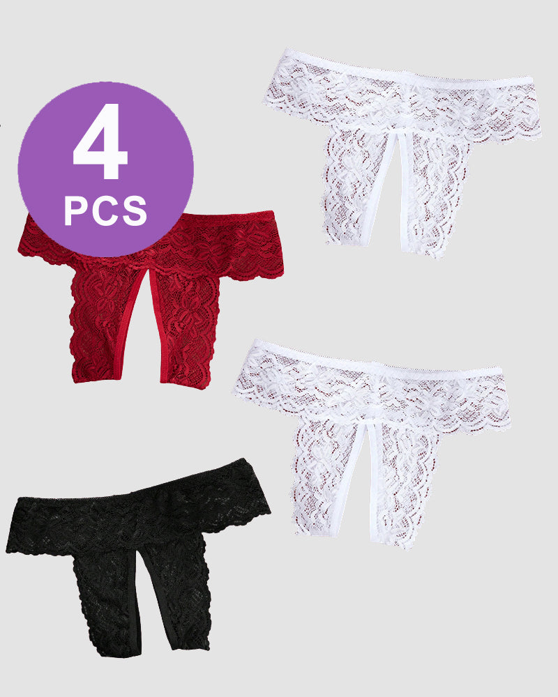 Plus size open crotch lace panties, 2 white, 1 black, 1 burgundy