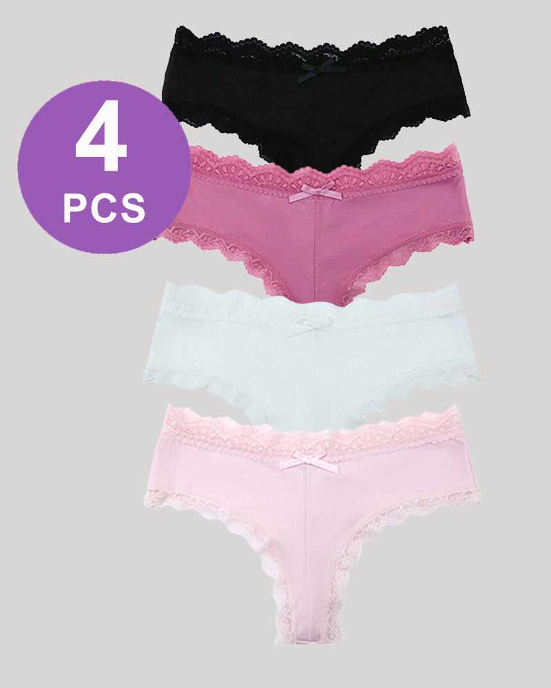 Hipster lace-trim seamless panty set with black, pink, white, and pale pink briefs