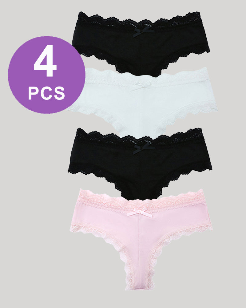 Hipster lace-trim seamless panty set with black, white, and pale pink hipster briefs