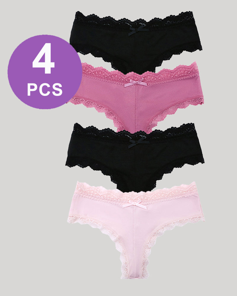 Hipster lace-trim seamless panty set with black, magenta-pink, and pale pink briefs