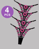 4-pack low-waist lace thong panties, black with pink floral embroidery