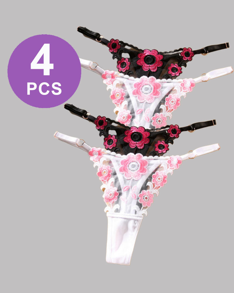 4-pack low-waist lace thong panties, black and white with pink floral embroidery