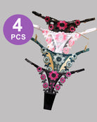 4-pack low-waist lace thong panties, teal, black, and white with floral embroidery