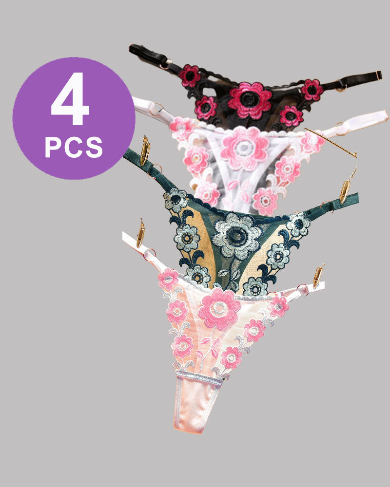 4-pack low-waist lace thong panties, black, teal, and pink floral lace