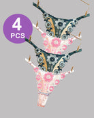 4-pack low-waist lace thong panties, teal and pink floral lace with thin straps