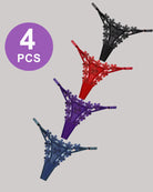 Floral mesh lace thong panties set with red, purple, blue, and black, 4-pack.