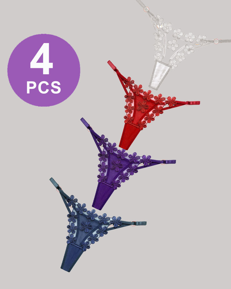 Floral mesh lace thong panties set with white, red, purple, and blue, 4-pack.