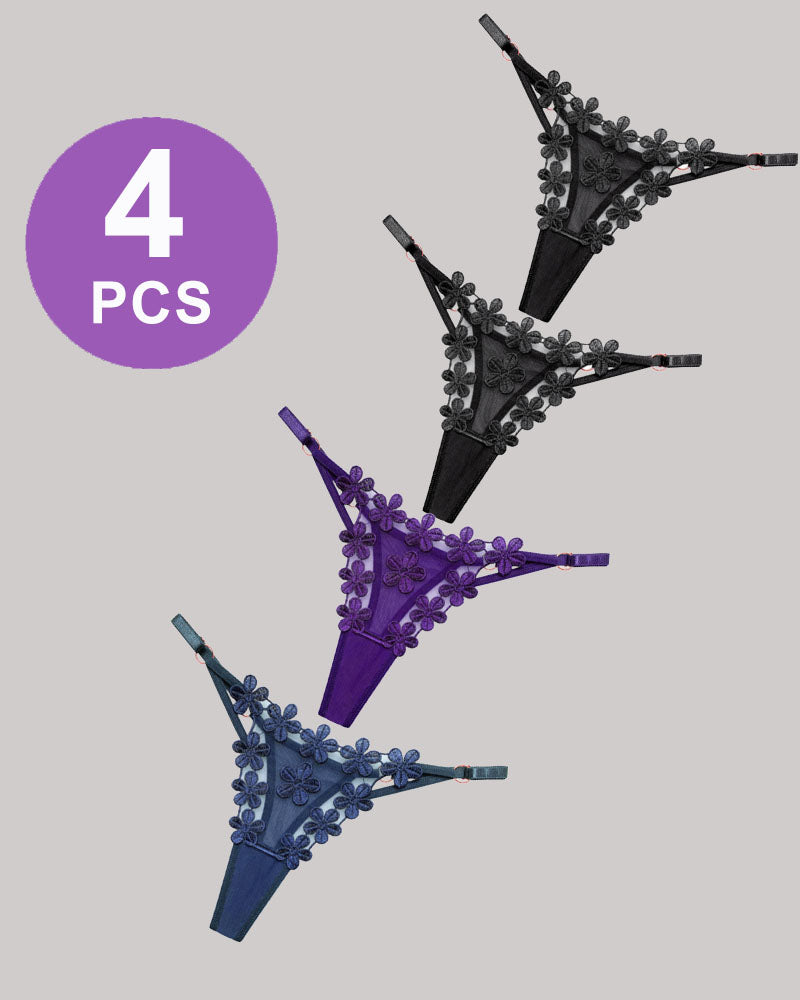 Floral mesh lace thong panties set with black, purple, and blue, 4-pack.