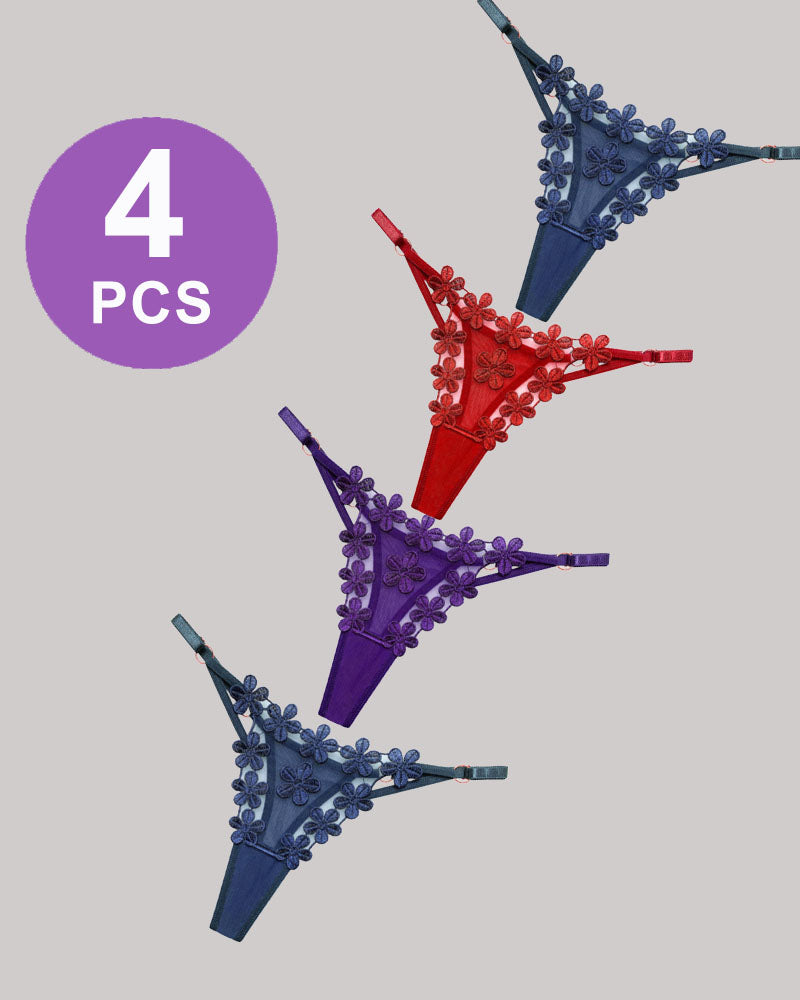 Floral mesh lace thong panties set with blue, red, and purple, 4-pack.