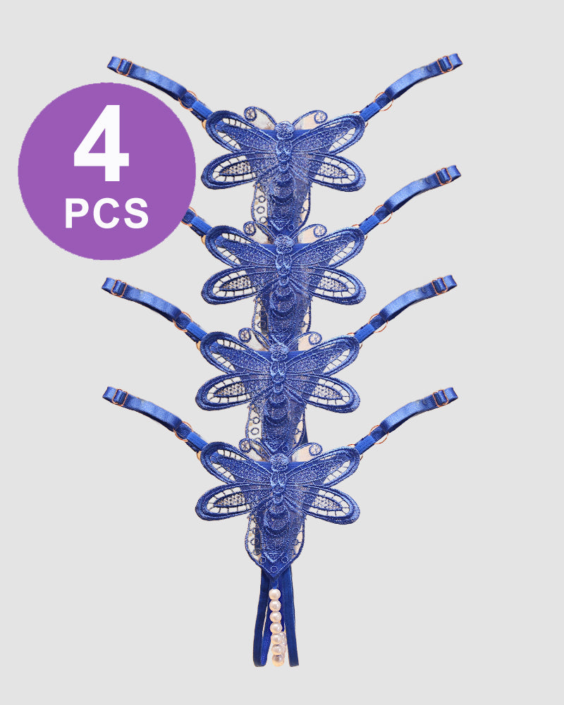 Blue lace crotchless thong set with butterfly appliques and pearl drop details