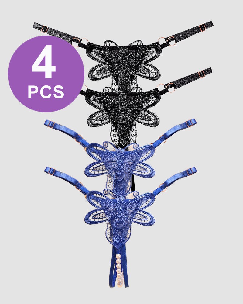 Black and blue lace crotchless thong set with butterfly appliques and pearl drop details