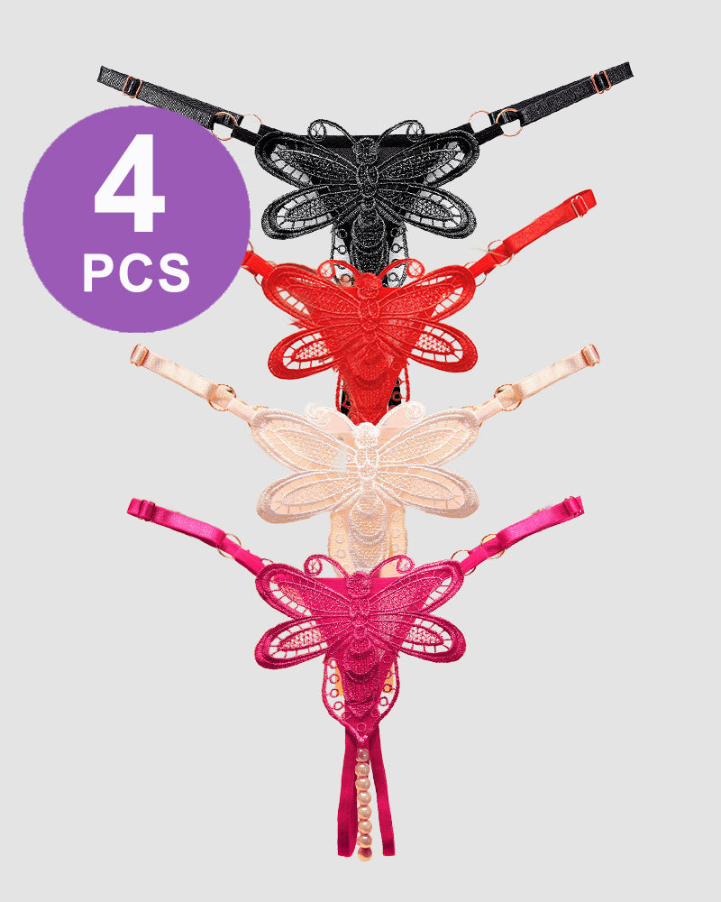 Red and pink lace crotchless thong set with butterfly appliques and pearl drop details