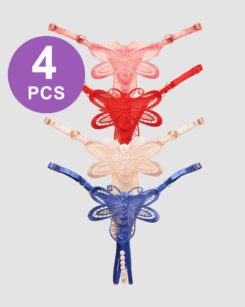 Peach, red, and blue lace crotchless thong set with butterfly appliques and pearl drop details