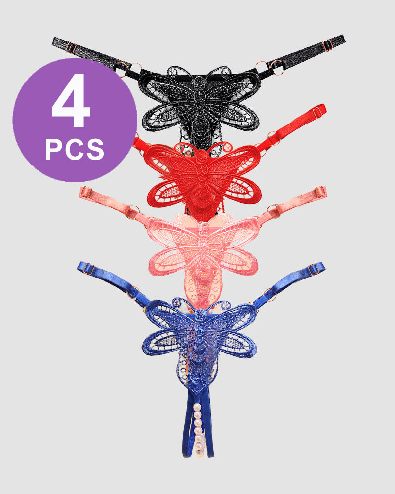 Black, red, pink, and blue lace crotchless thong set with butterfly appliques and pearl drop details