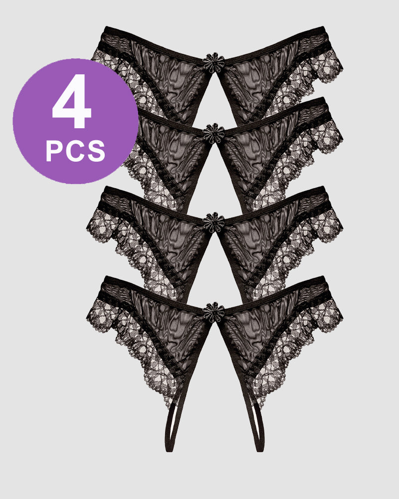 Crotchless lace low-waist thong panty set, black sheer with floral lace trim (4 pcs)