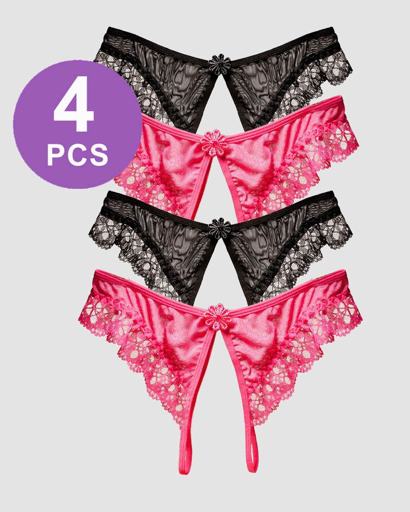 Crotchless lace low-waist thong panty set, pink and black floral lace with bow detail (4 pcs)