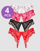 Crotchless lace low-waist thong panty set, white, pink, black, red floral lace (4 pcs)