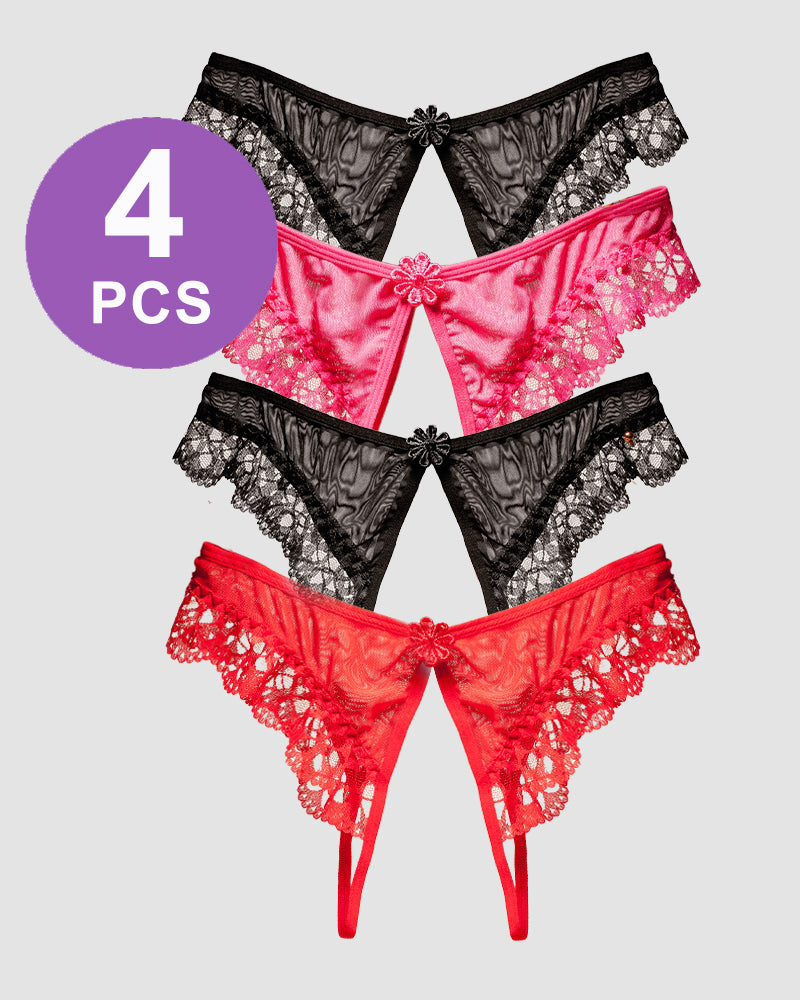 Crotchless lace low-waist thong panty set, pink, black, red floral lace trim (4 pcs)