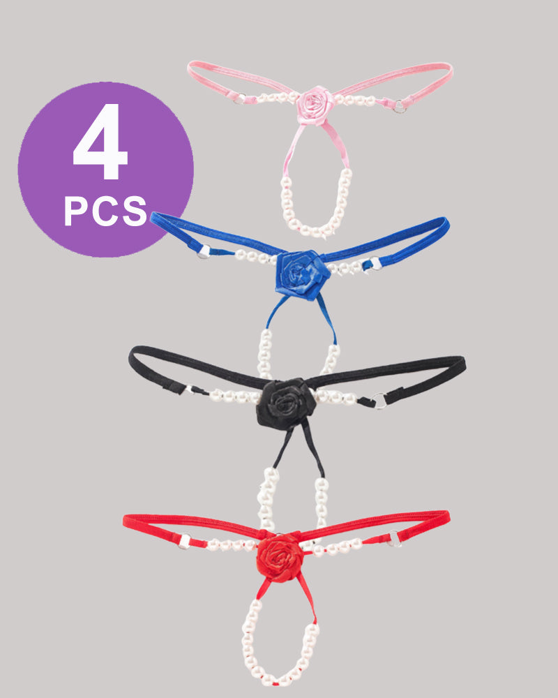 See-through thong panty set with faux pearl trim and rosette accents, pink/blue/black/red