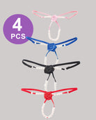 See-through thong panty set with faux pearl trim and rosette accents, pink/blue/black/red