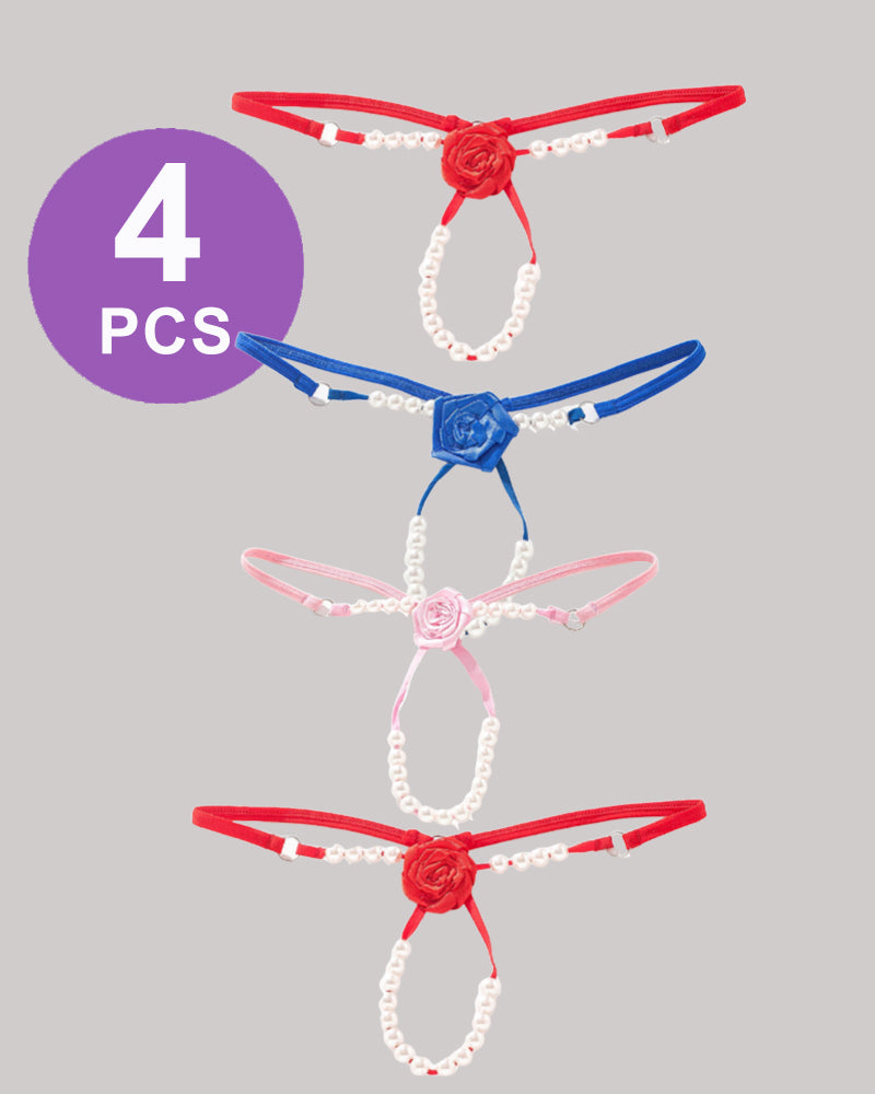 See-through thong panty set with faux pearl trim and rosette accents, red/blue/pink