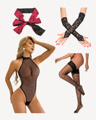 Black sheer mesh halter bodysuit with high neck and open sides