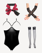 Black cupless crotchless teddy with matching stockings, lace gloves, and bow