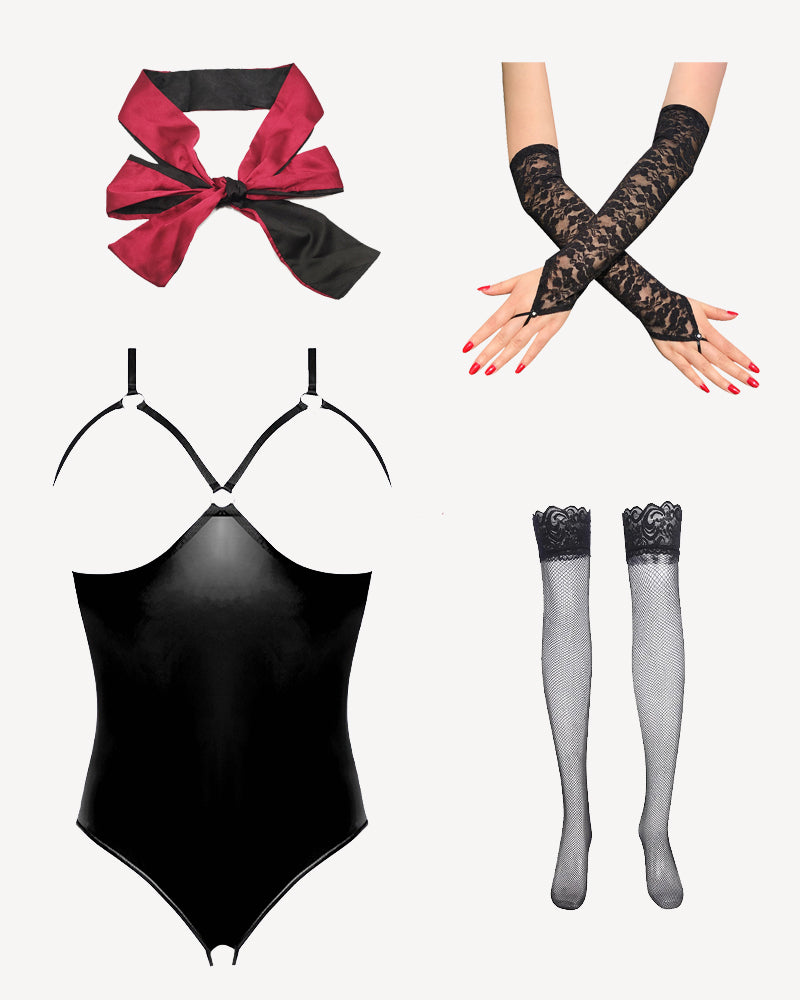Black cupless crotchless teddy with matching stockings, lace gloves, and bow
