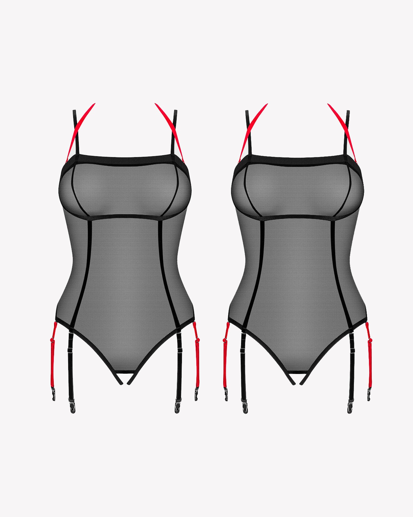 Black mesh tulle crotchless teddy diagram with garter straps and open crotch
