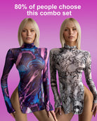Two-piece mesh print outfit: purple tie-dye high-neck mini dress, monochrome print dress