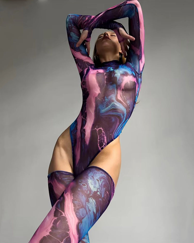 Purple tie-dye long-sleeve bodysuit, back view with thong-style bottom