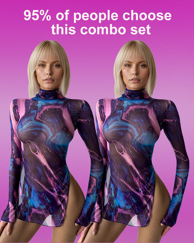 Two purple tie-dye mesh high-neck mini dresses, long sleeves, high side slits
