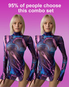 Two purple tie-dye mesh high-neck mini dresses, long sleeves, high side slits