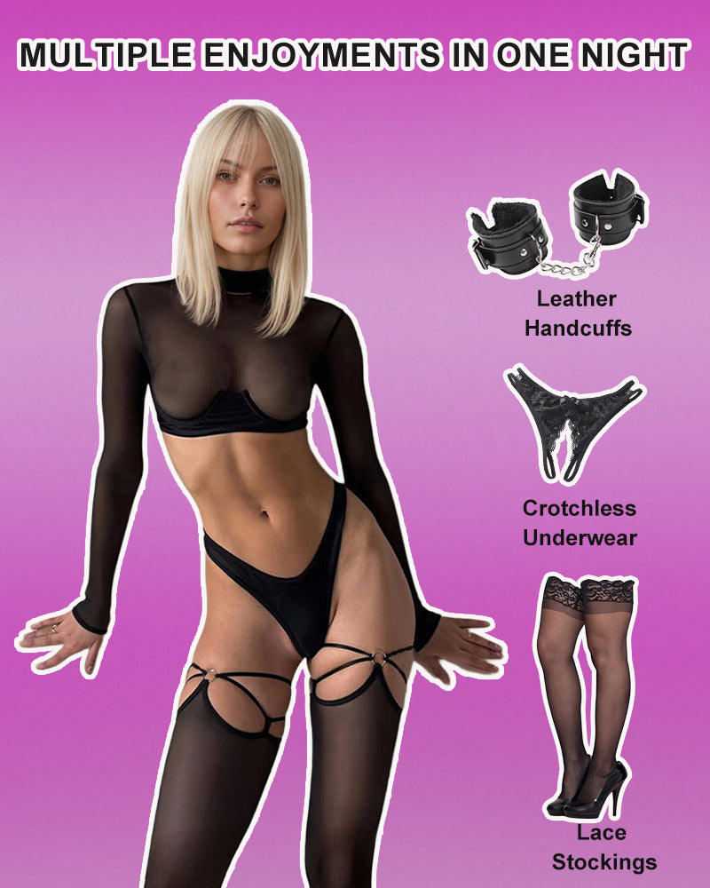 Black mesh lingerie set with crop top, thong, and lace stockings on model