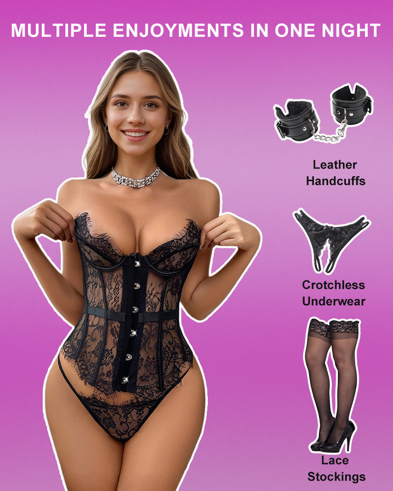 Black lace corset top and matching lace thong set on model
